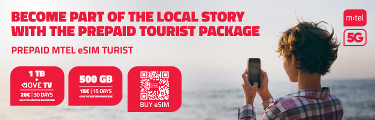 Order an E sim for Montenegro and other destinations. Banner with image of a woman travelling.