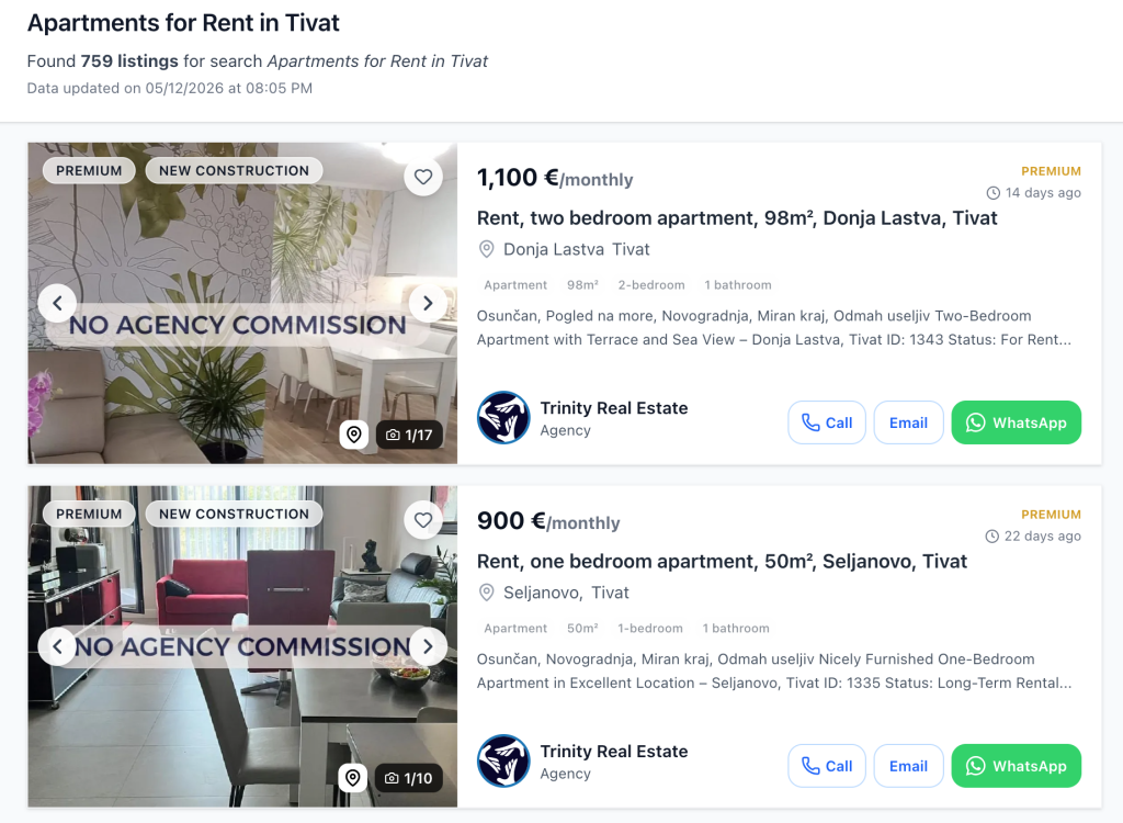 Screenshot of real, live rental listings in Tivat Montenegro