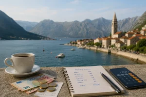 Landscape image of montenegro boka bay in the background with a coffee, money, notepad and calculator in the foreground.